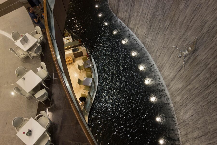 Dubai Mall interior waterfall feature near the Burj Khalifa entrance area