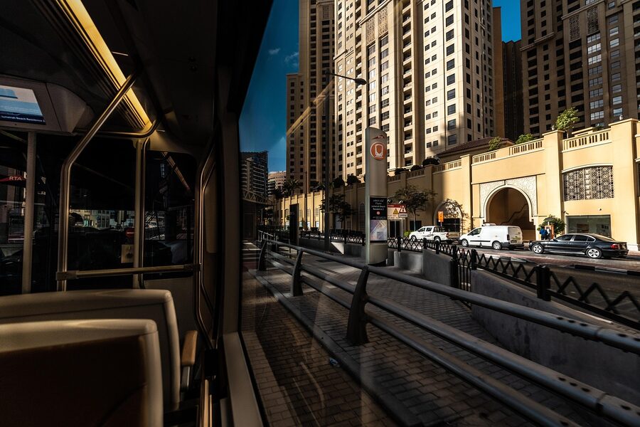 Modern Dubai Metro train at station