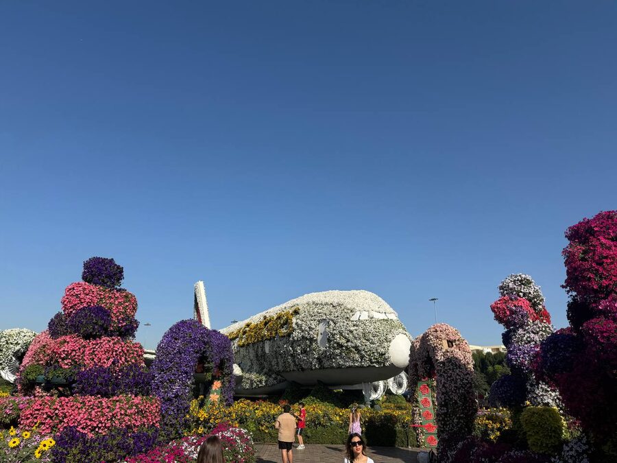 Emirates Airbus A380 covered in flowers at Dubai Miracle Garden