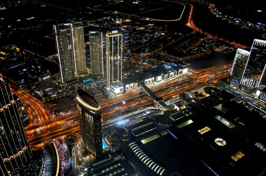 Aerial view of Dubai skyscrapers at night
