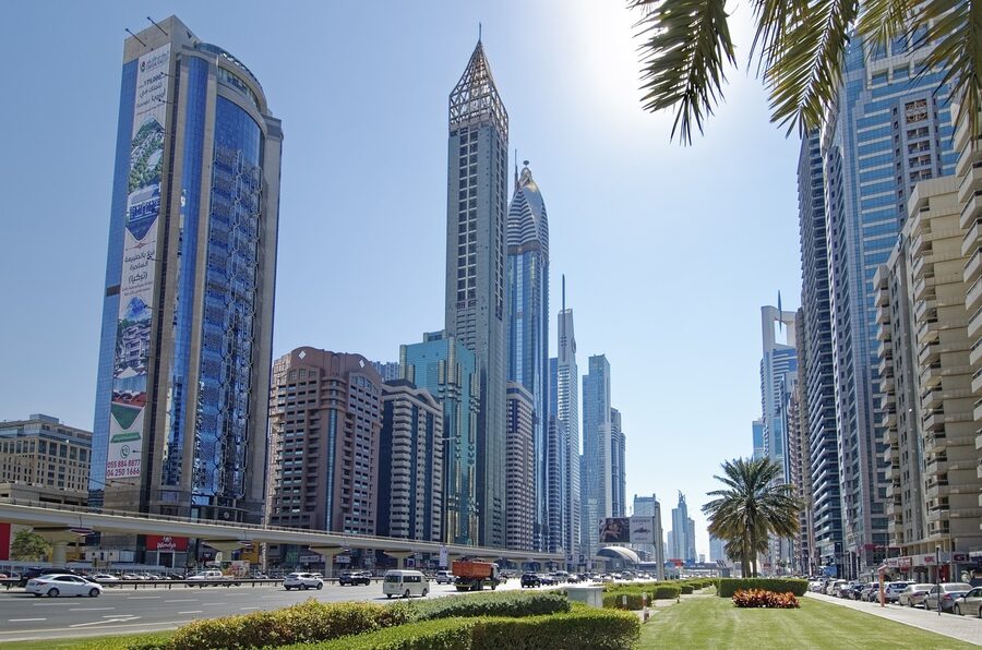 Sheikh Zayed Road in Dubai with skyscrapers lining the highway