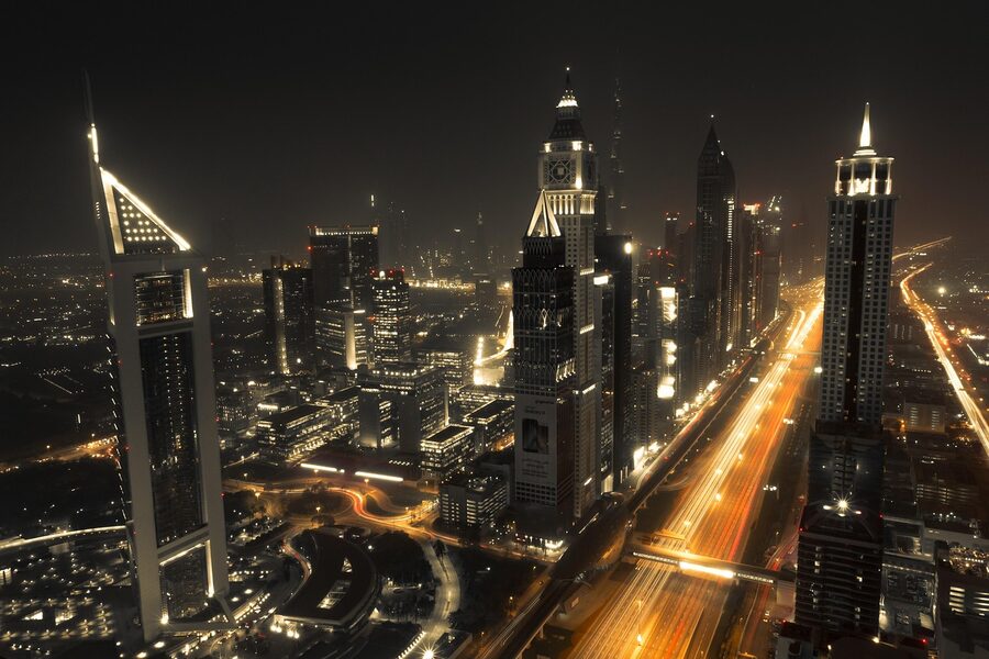Dubai skyline with skyscrapers and modern buildings viewed from above