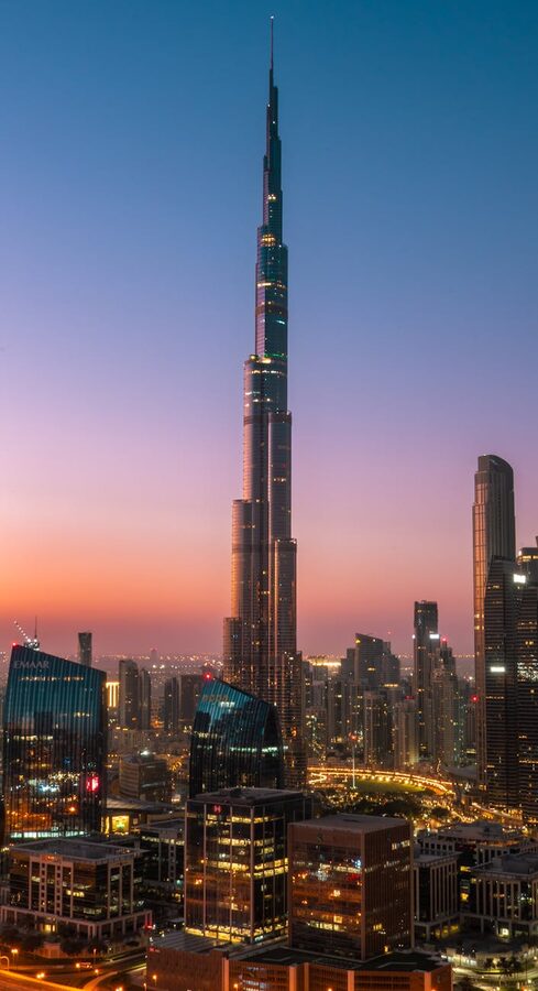 Sunrise over Dubai skyline with Burj Khalifa