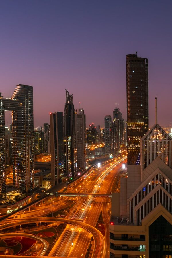 Twilight view of Dubai modern skyline