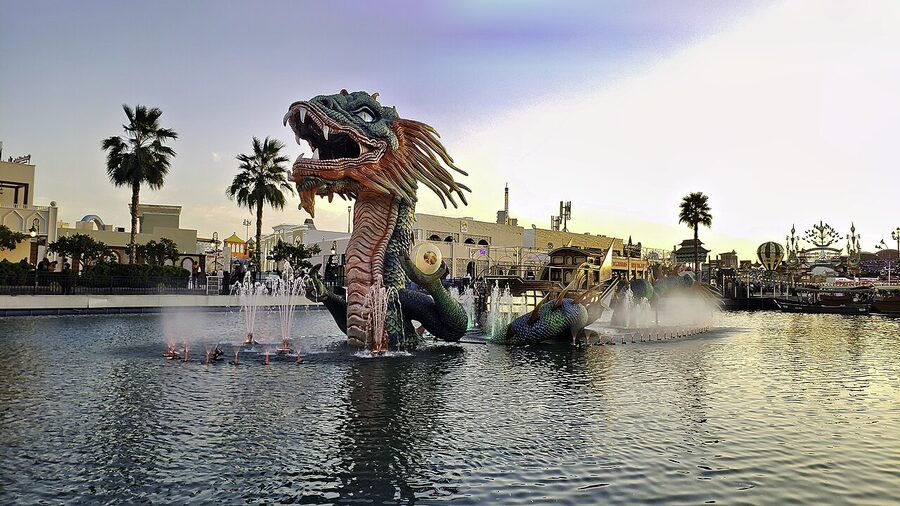 Crowd at Global Village Dubai among pavilions