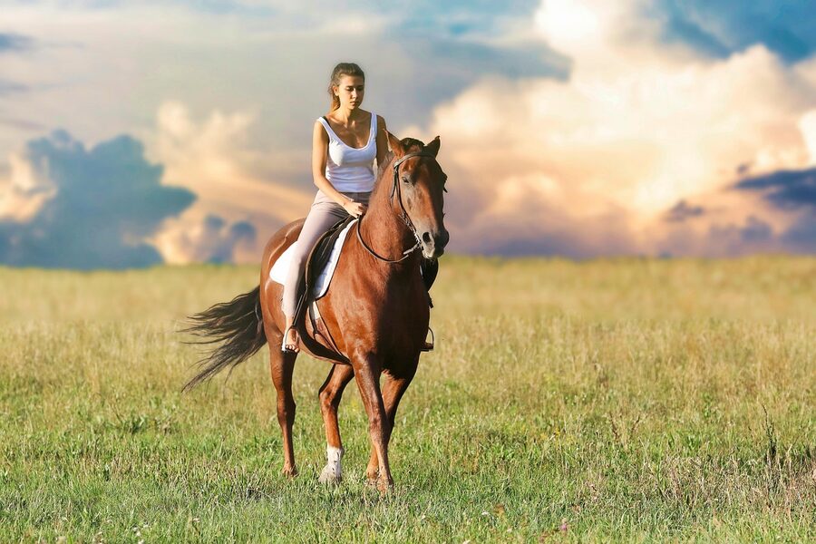 Woman horseback riding in field