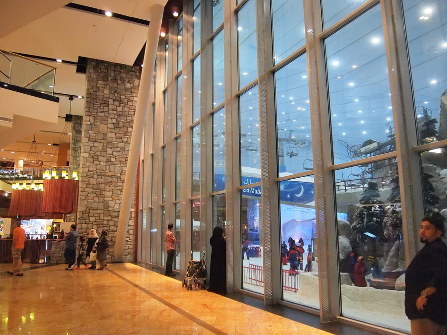 Indoor view of Ski Dubai showing ski slopes and chairlift system