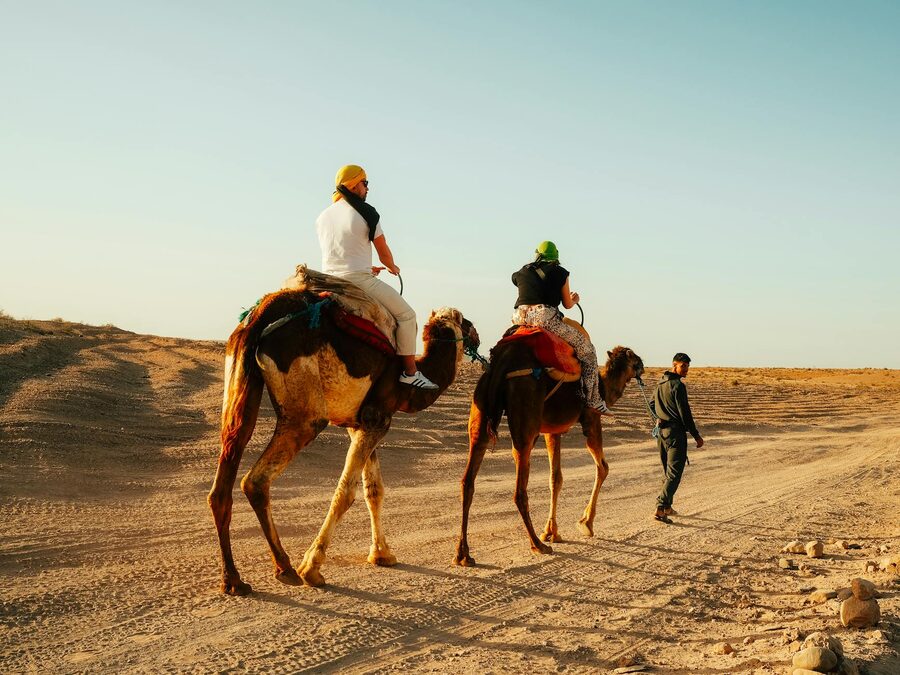 Tourists riding camels in Moroccan desert