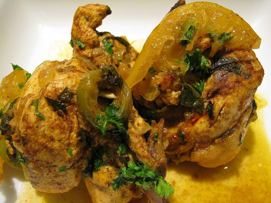 Chicken tagine with preserved lemons olives