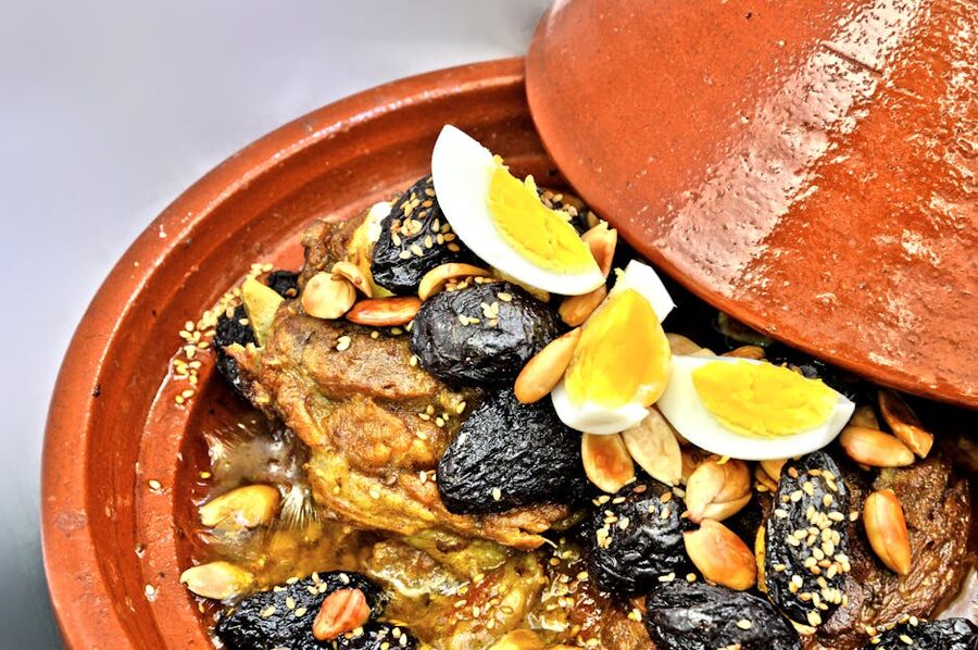 Moroccan lamb tagine prunes almonds eggs