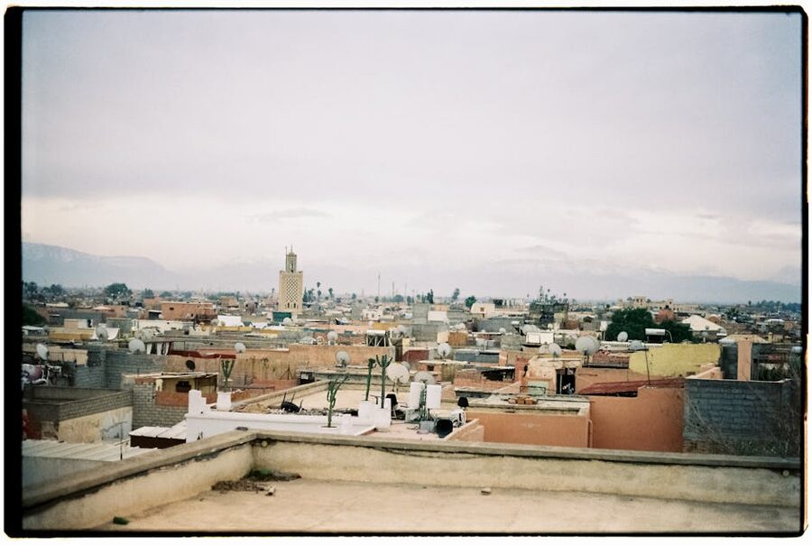 Marrakech rooftops with Atlas Mountains