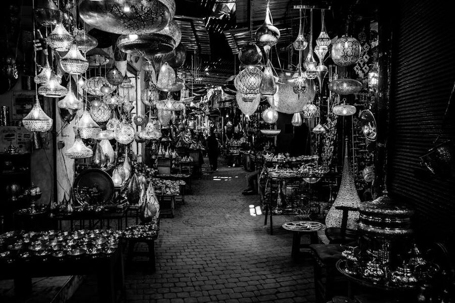 Marrakesh souk lanterns black and white