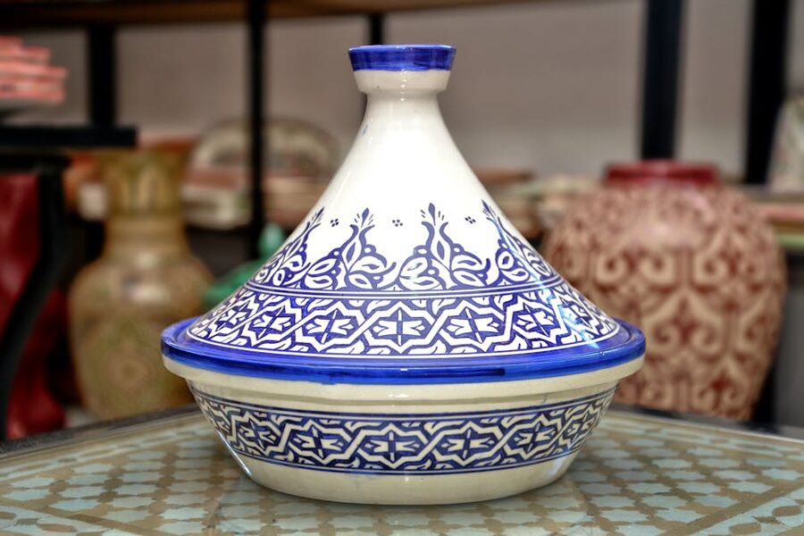 Traditional tagine pot blue pattern intricate