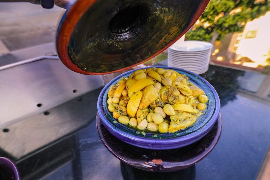 Traditional Moroccan tagine with lemons and olives