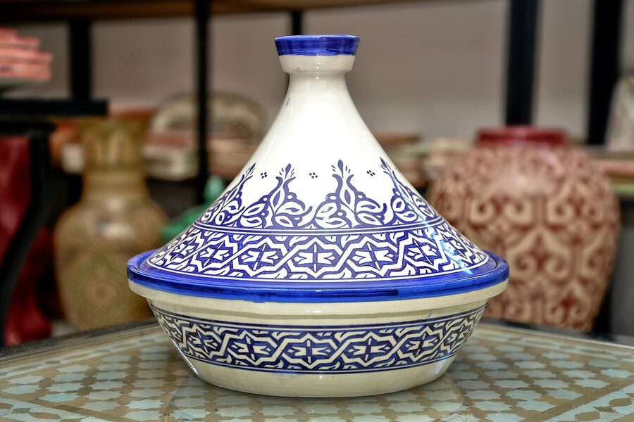 Blue patterned Moroccan tagine pot