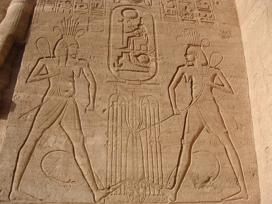 Abu Simbel temple ruins with Nile River