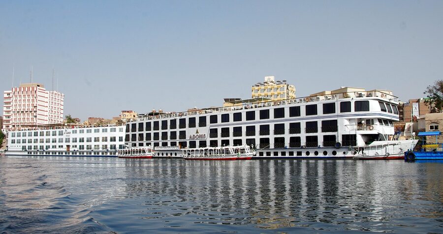 Aswan Nile cruise ships docked along the river