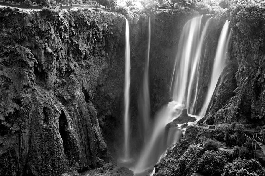Ouzoud Falls in black and white