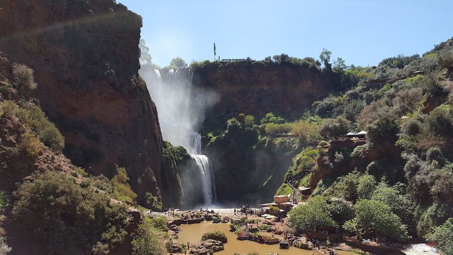 Ouzoud Waterfalls surrounded by greenery
