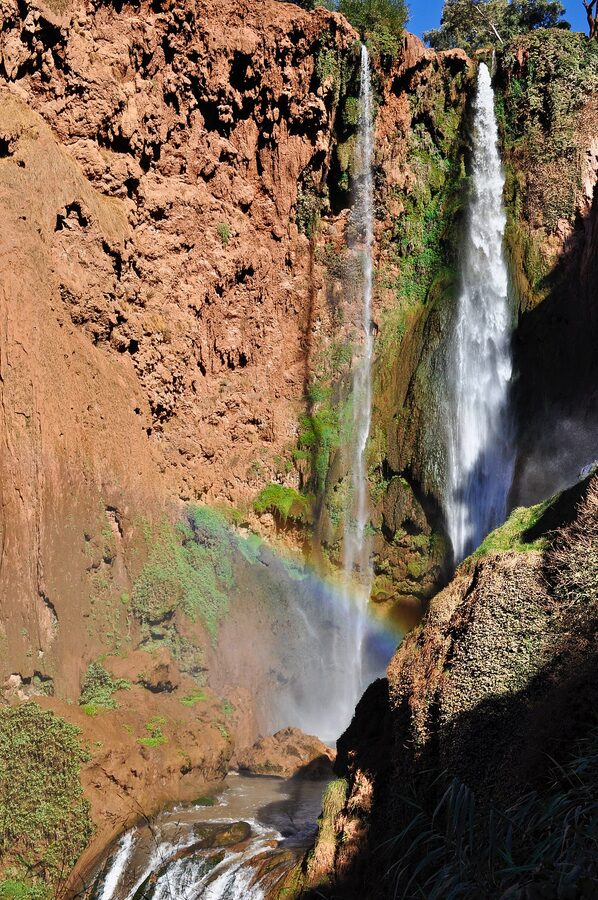 Ouzoud Waterfalls with rainbow in mist