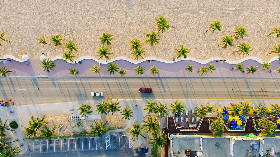 Palm Jumeirah aerial view from helicopter showing island shape