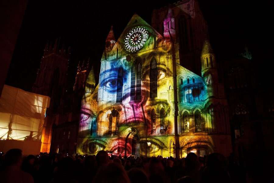 Projection mapping lights on building exterior