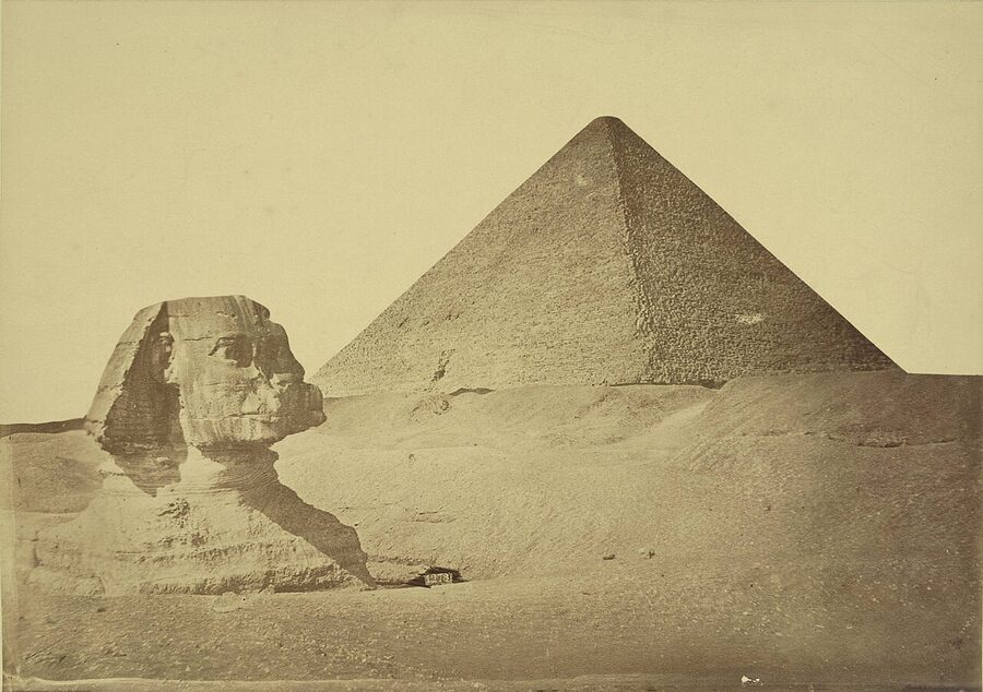 Giza Pyramid of Khufu and Sphinx historic view