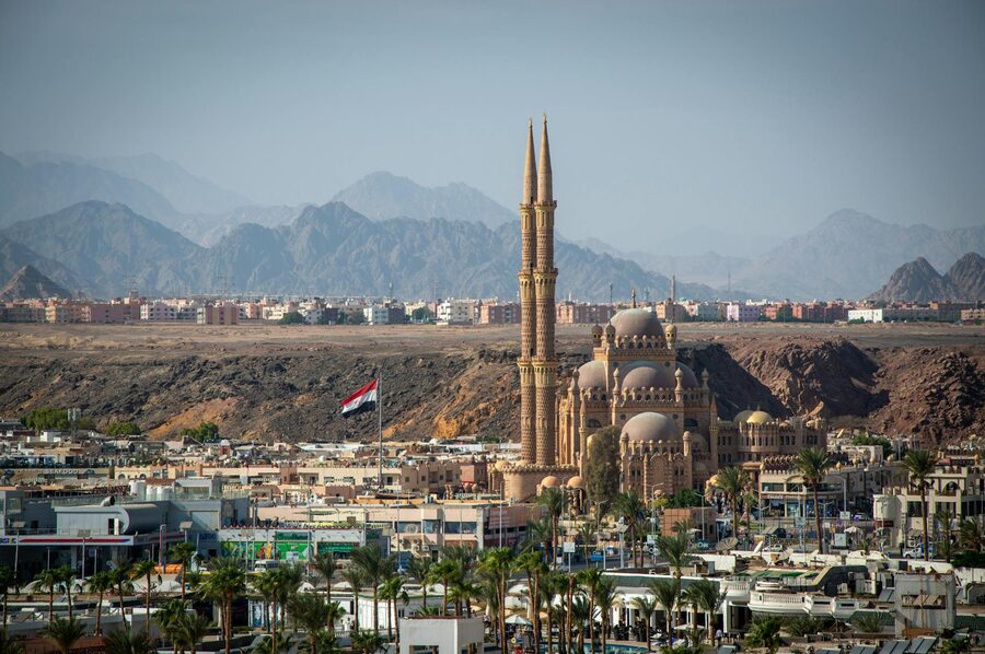 Al Sahaba Mosque against Sharm El Sheikh cityscape