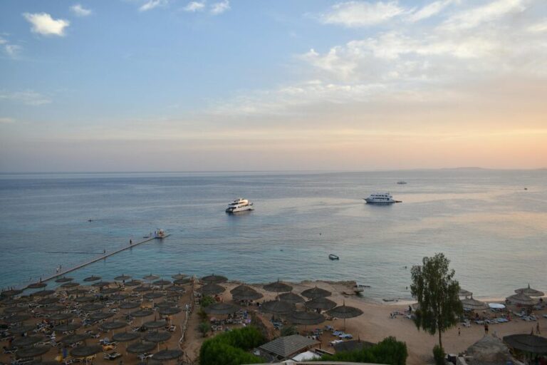 Aerial view of Sharm El Sheikh beach and sea at sunset