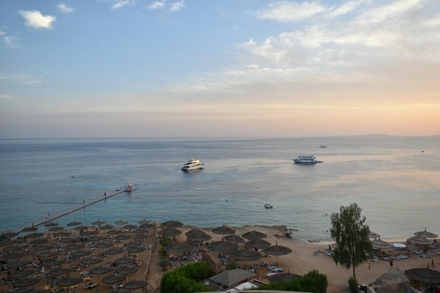 Aerial Sharm El Sheikh beach and sea at sunset