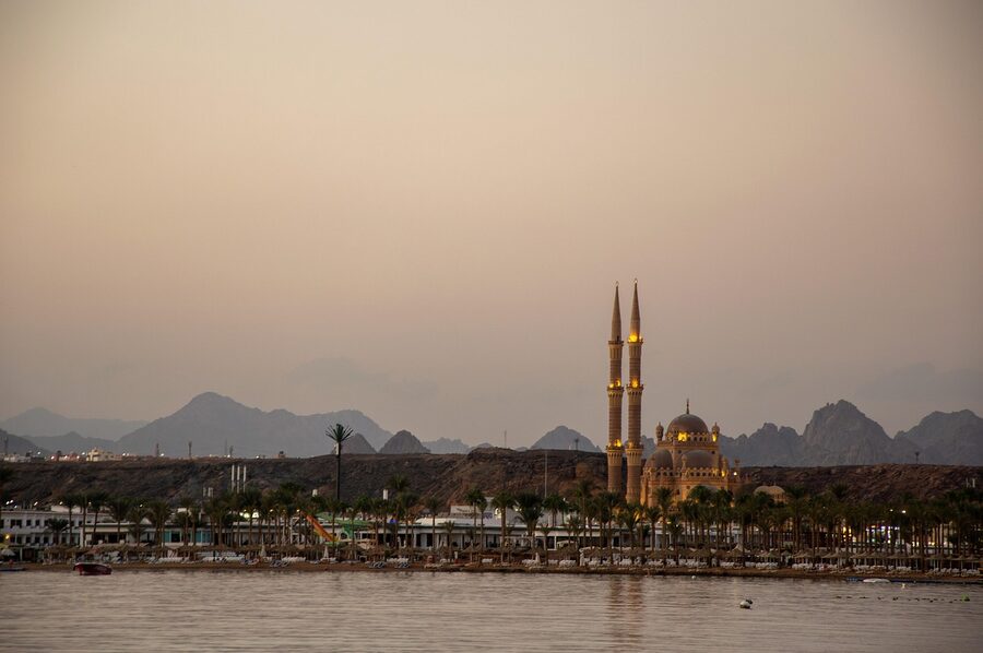 Mosque with minarets at Sharm el Sheikh sunset