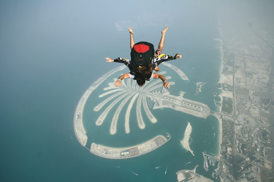 Skydiving over Palm Jumeirah Dubai aerial view