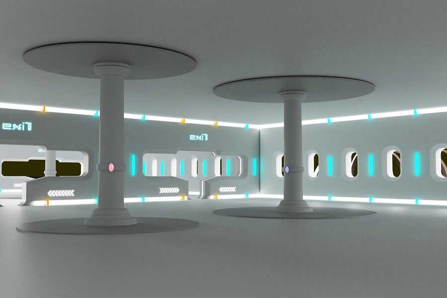 Futuristic space station interior with high-tech equipment