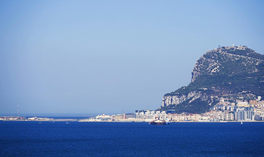 Rock of Gibraltar with blue sky and sea