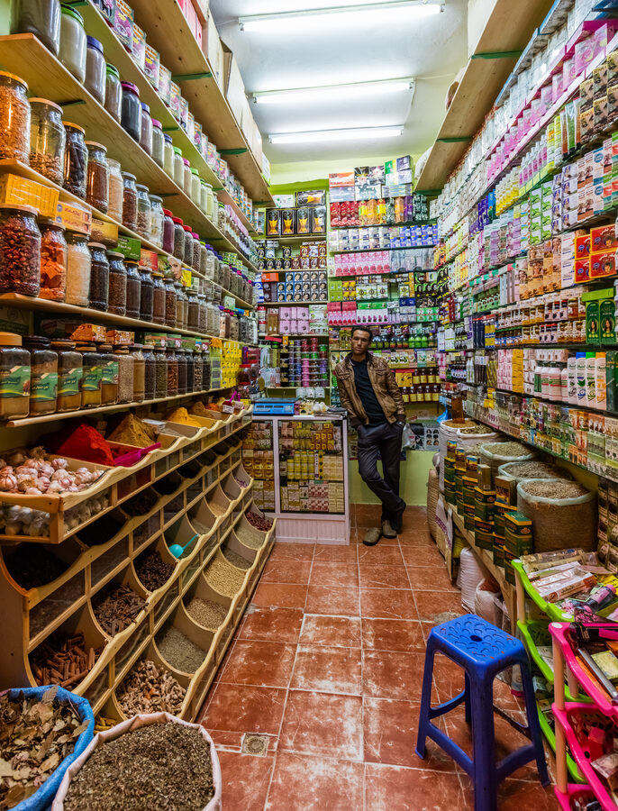 Seller in Tangier grocery shop near Grand Socco
