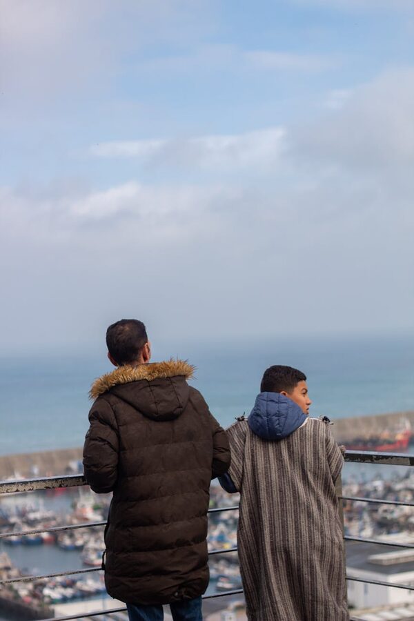 Tangier marina view with father and son