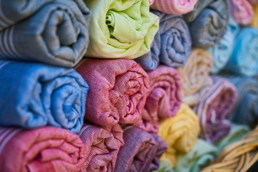 Textile souk with colorful fabrics and materials