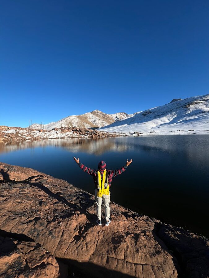 Traveler at mountain lake Marrakech