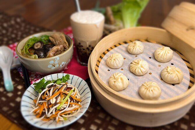 Xiao Long Bao, Chicken vermicelli with mushroom and sesame oil, Tofu strips salad, Bubble milk tea. Taiwan Traditional Delicacies Experience-A (Taipei Cooking Class) - The Learning Environment